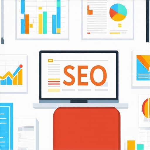 A high-tech workspace with SEO tools, analytics dashboards, and a laptop, symbolizing advanced SEO practices