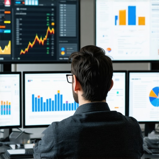 A digital marketer reviewing SEO analytics on multiple screens, focusing on data-driven decision making.