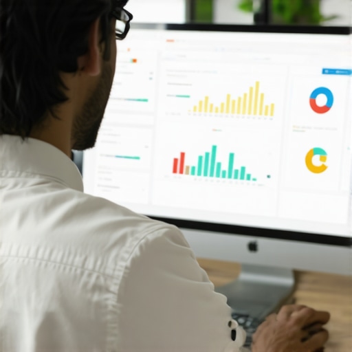 Digital marketing strategist reviewing backlinks and SEO metrics on a laptop in an office