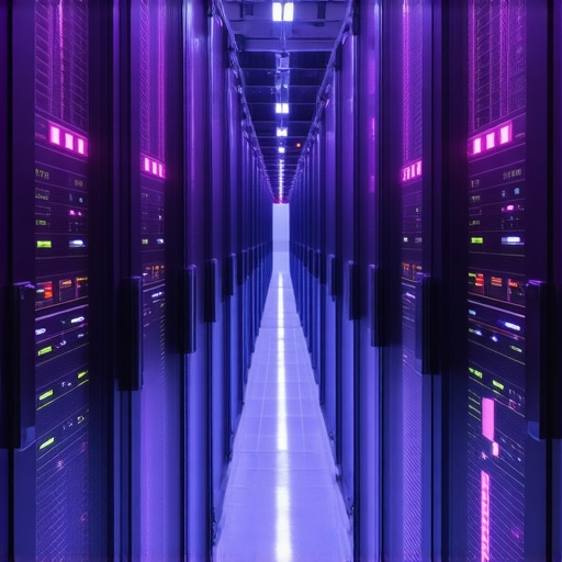 Modern server room with digital data streams representing advanced SEO technology