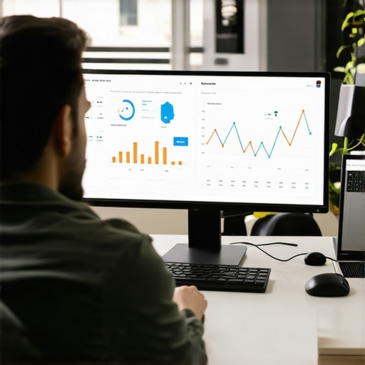 SEO Analytics and Backlink Strategy Person analyzing SEO data with charts and backlinks on a computer screen.