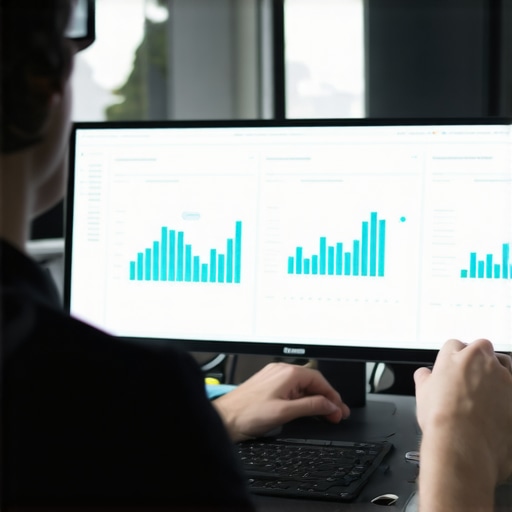 SEO Backlink Analysis A person analyzing backlink data and SEO metrics on a computer screen.