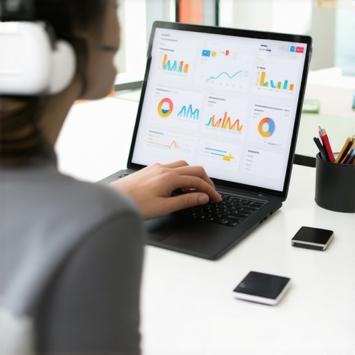 Webmaster analyzing SEO metrics and backlinks on a laptop