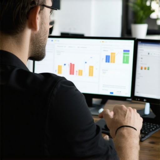 SEO analyst reviewing website data and backlinks on a computer.