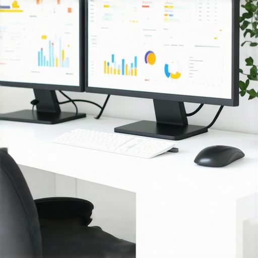 A workspace with monitors showing SEO dashboards and analytics tools.