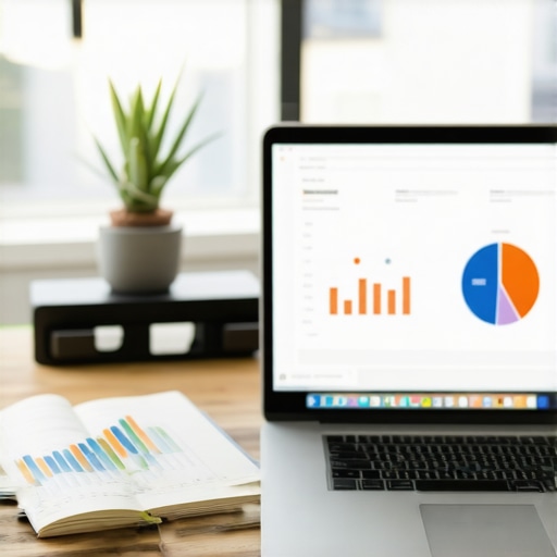 A workspace featuring SEO software, analytic charts, and a laptop displaying website data.