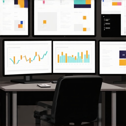 A workspace with monitors showing SEO analysis charts and tools