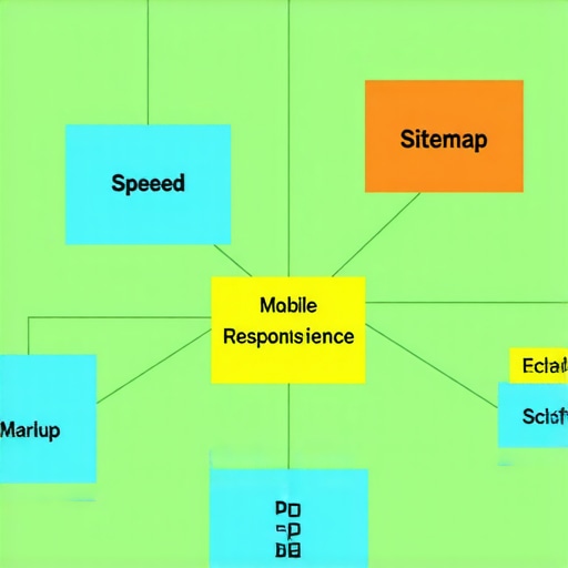 Diagram illustrating key technical SEO components such as site speed, mobile optimization, sitemap, and structured data.
