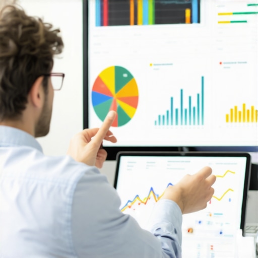 Data Visualization for SEO Backlinks A data analyst analyzing colorful charts and graphs on a computer in an office setting.