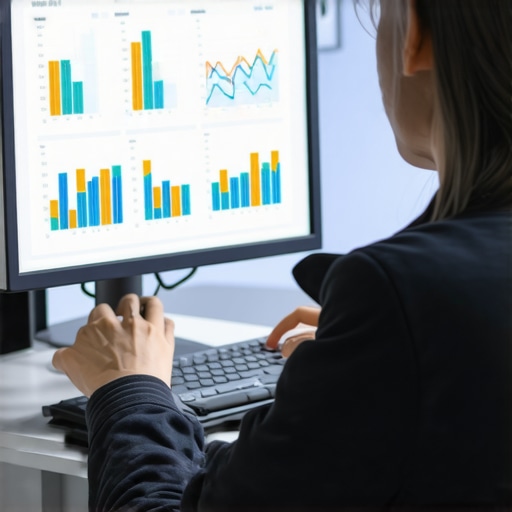 Person analyzing research data on a computer with charts and graphs