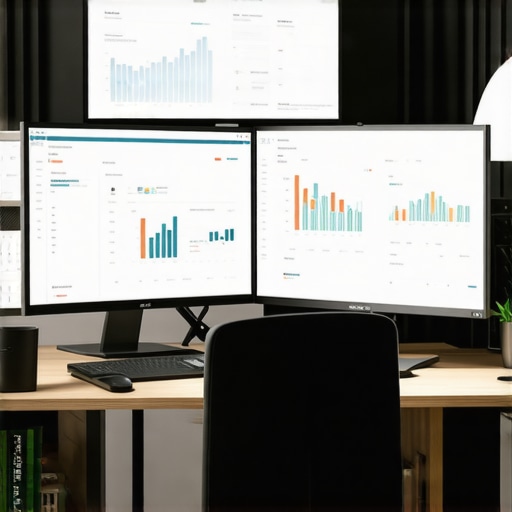 Person analyzing SEO and backlink metrics on multiple screens in a professional office setting.