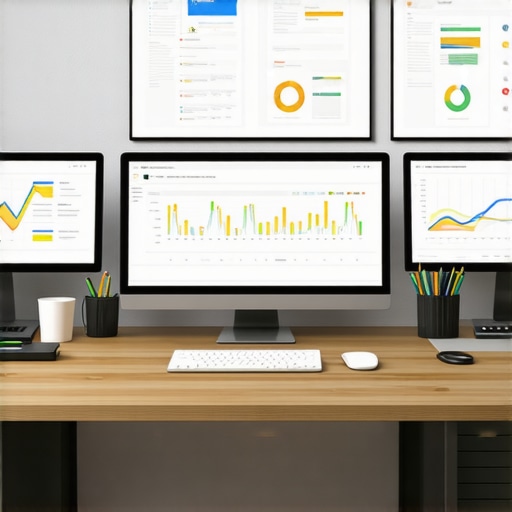 A workspace with SEO and analytics tools on multiple monitors to symbolize SEO maintenance and strategy.